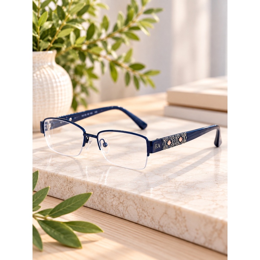 Elizabeth Arden EA-1073-3 Eyeglasses 51-17-130 Navy Blue Semi Rimless Floral